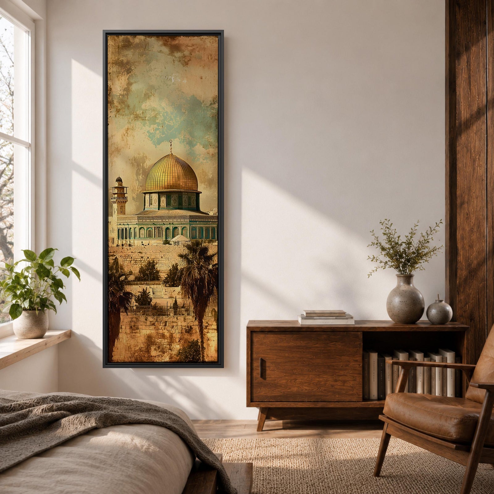 A tall narrow vertical artwork depicting Masjid Al Aqsa with its iconic golden dome rising above detailed stone architecture, set against a textured sky of soft turquoise and warm beige tones, with palm trees and historic walls below, rendered in a vintage inspired painterly style with distressed textures and balanced elongated composition.