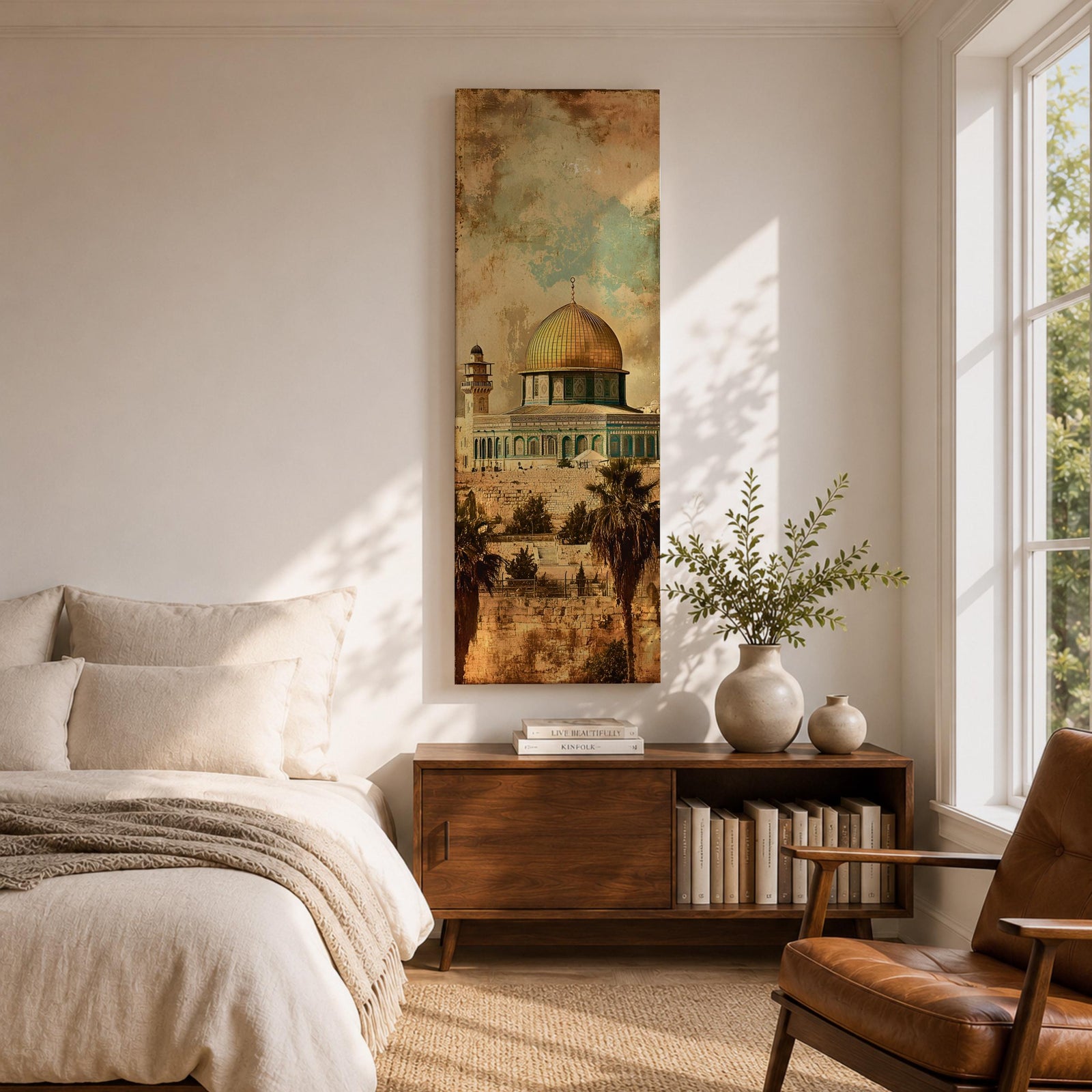 A tall narrow vertical artwork depicting Masjid Al Aqsa with its iconic golden dome rising above detailed stone architecture, set against a textured sky of soft turquoise and warm beige tones, with palm trees and historic walls below, rendered in a vintage inspired painterly style with distressed textures and balanced elongated composition.