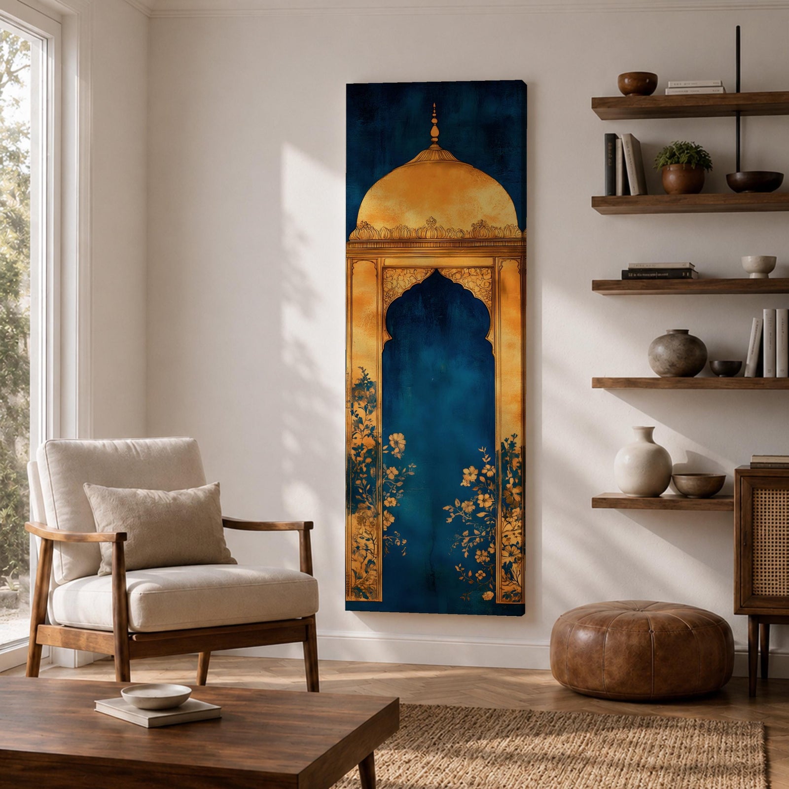 A tall vertical artwork depicting a stylized mihrab with a golden domed top and ornate arch framing a deep blue interior, accented with delicate floral motifs along the base, combining traditional Islamic architectural elements with a refined painterly style and strong vertical symmetry