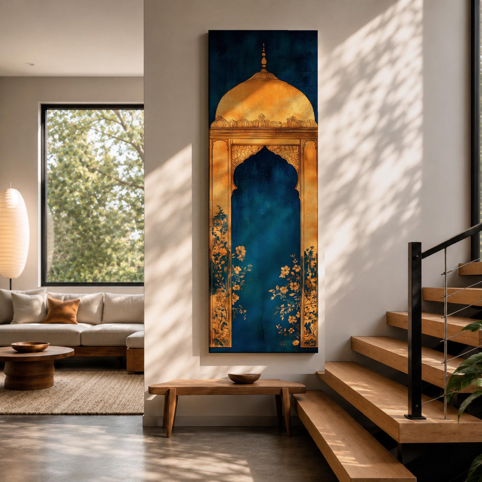 A tall vertical artwork depicting a stylized mihrab with a golden domed top and ornate arch framing a deep blue interior, accented with delicate floral motifs along the base, combining traditional Islamic architectural elements with a refined painterly style and strong vertical symmetry