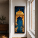 A tall vertical artwork depicting a stylized mihrab with a golden domed top and ornate arch framing a deep blue interior, accented with delicate floral motifs along the base, combining traditional Islamic architectural elements with a refined painterly style and strong vertical symmetry