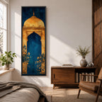A tall vertical artwork depicting a stylized mihrab with a golden domed top and ornate arch framing a deep blue interior, accented with delicate floral motifs along the base, combining traditional Islamic architectural elements with a refined painterly style and strong vertical symmetry