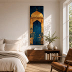 A tall vertical artwork depicting a stylized mihrab with a golden domed top and ornate arch framing a deep blue interior, accented with delicate floral motifs along the base, combining traditional Islamic architectural elements with a refined painterly style and strong vertical symmetry