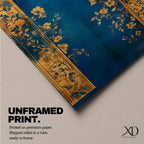 A tall vertical artwork depicting a stylized mihrab with a golden domed top and ornate arch framing a deep blue interior, accented with delicate floral motifs along the base, combining traditional Islamic architectural elements with a refined painterly style and strong vertical symmetry
