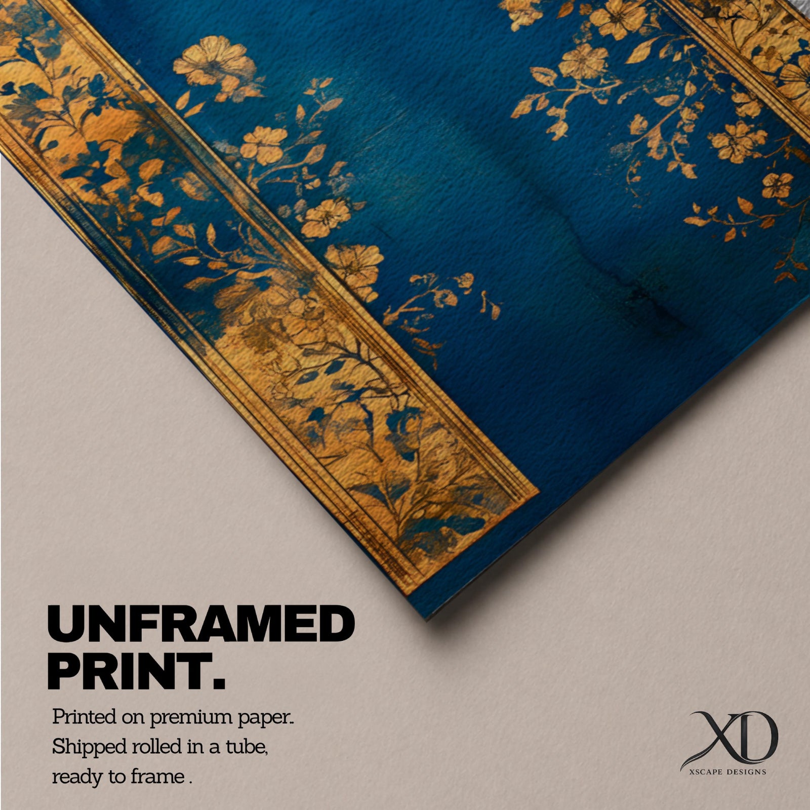 A tall vertical artwork depicting a stylized mihrab with a golden domed top and ornate arch framing a deep blue interior, accented with delicate floral motifs along the base, combining traditional Islamic architectural elements with a refined painterly style and strong vertical symmetry