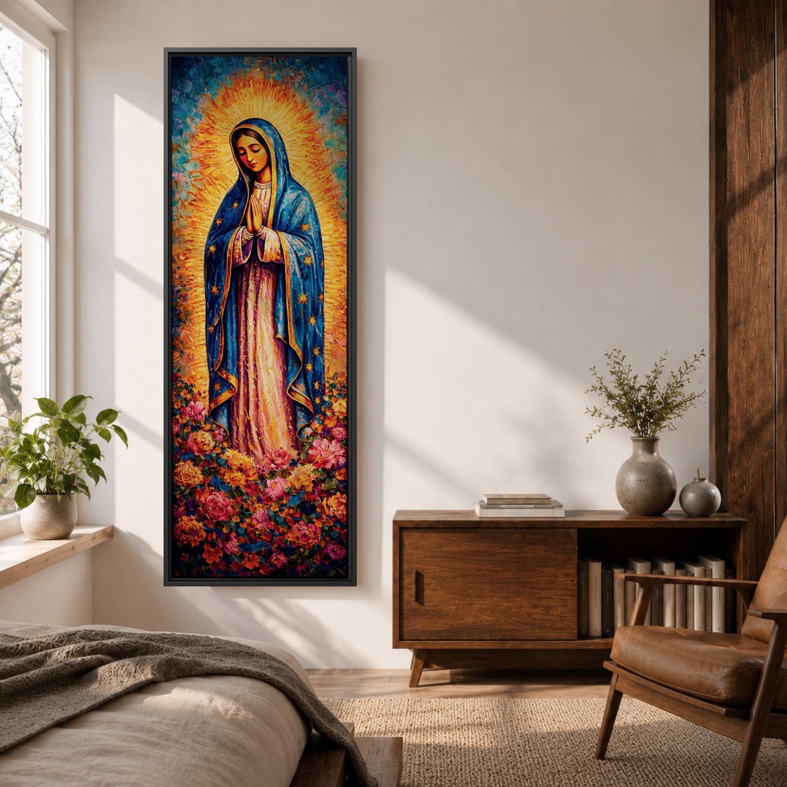 A tall narrow vertical depiction of Our Lady of Guadalupe standing in prayer with hands clasped, wearing a blue star covered mantle and soft pink gown, surrounded by a radiant golden sunburst and dense vibrant floral arrangement at her feet, rendered with rich texture and layered color in a devotional composition.