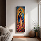 A tall narrow vertical depiction of Our Lady of Guadalupe standing in prayer with hands clasped, wearing a blue star covered mantle and soft pink gown, surrounded by a radiant golden sunburst and dense vibrant floral arrangement at her feet, rendered with rich texture and layered color in a devotional composition.