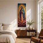 A tall narrow vertical depiction of Our Lady of Guadalupe standing in prayer with hands clasped, wearing a blue star covered mantle and soft pink gown, surrounded by a radiant golden sunburst and dense vibrant floral arrangement at her feet, rendered with rich texture and layered color in a devotional composition.