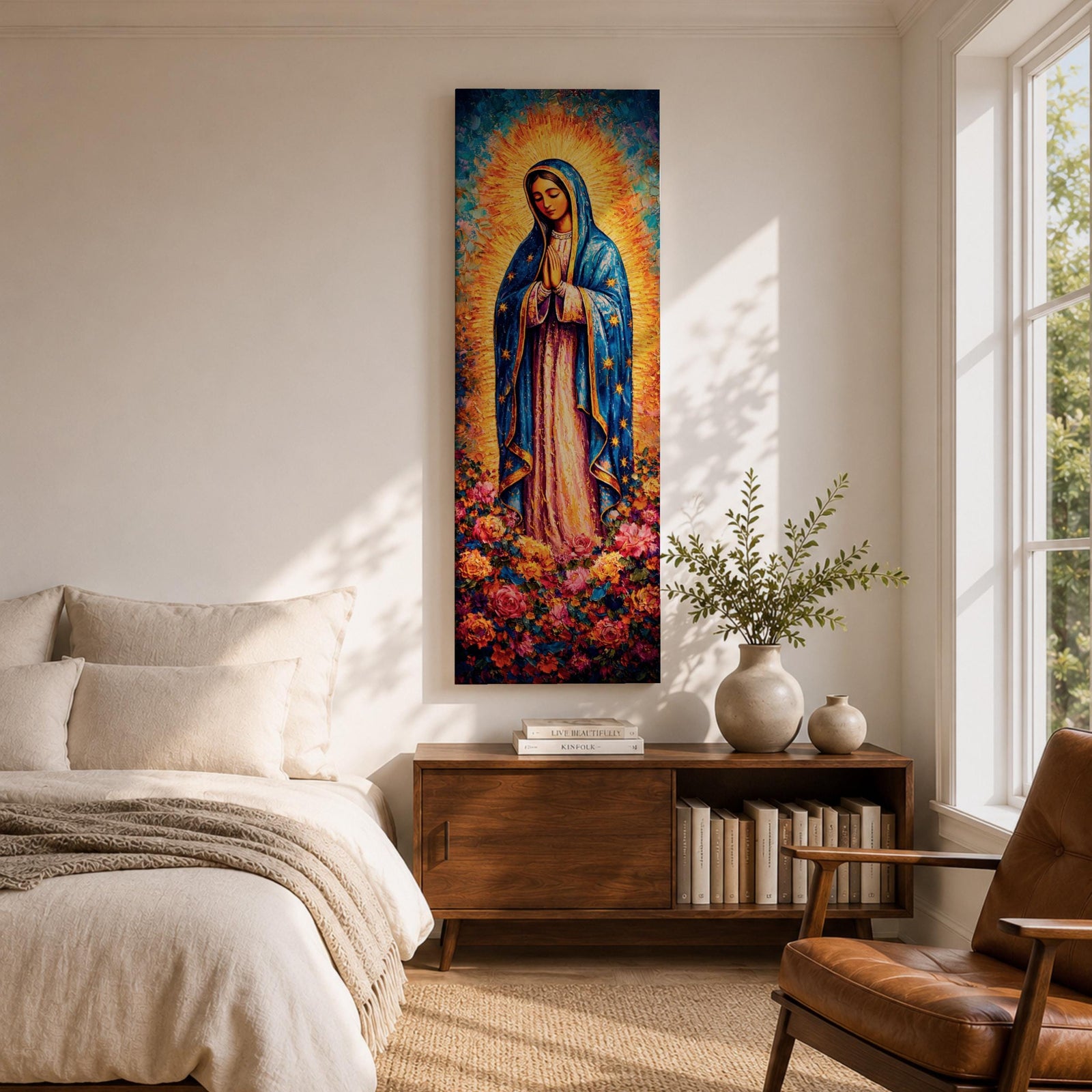 A tall narrow vertical depiction of Our Lady of Guadalupe standing in prayer with hands clasped, wearing a blue star covered mantle and soft pink gown, surrounded by a radiant golden sunburst and dense vibrant floral arrangement at her feet, rendered with rich texture and layered color in a devotional composition.