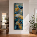 A tall, narrow vertical painting of stylized poppy flowers in layered teal, navy, gold, and soft white tones, featuring textured brushstrokes and metallic accents, with blooms rising along slender stems against a deep blue abstract background, creating a contemporary floral composition with rich contrast and flowing movement.
