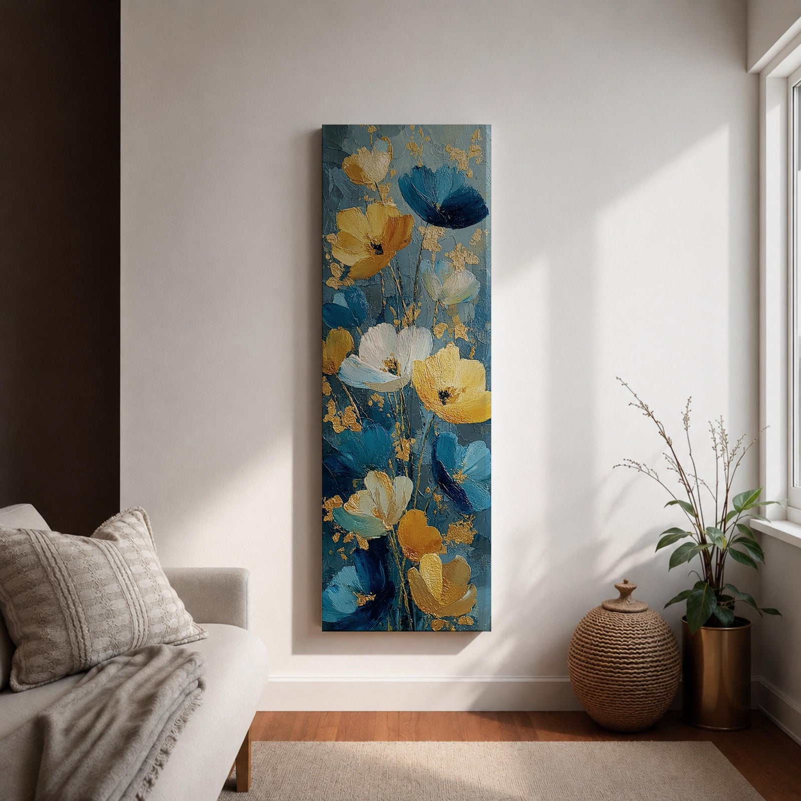 A tall, narrow vertical painting of stylized poppy flowers in layered teal, navy, gold, and soft white tones, featuring textured brushstrokes and metallic accents, with blooms rising along slender stems against a deep blue abstract background, creating a contemporary floral composition with rich contrast and flowing movement.