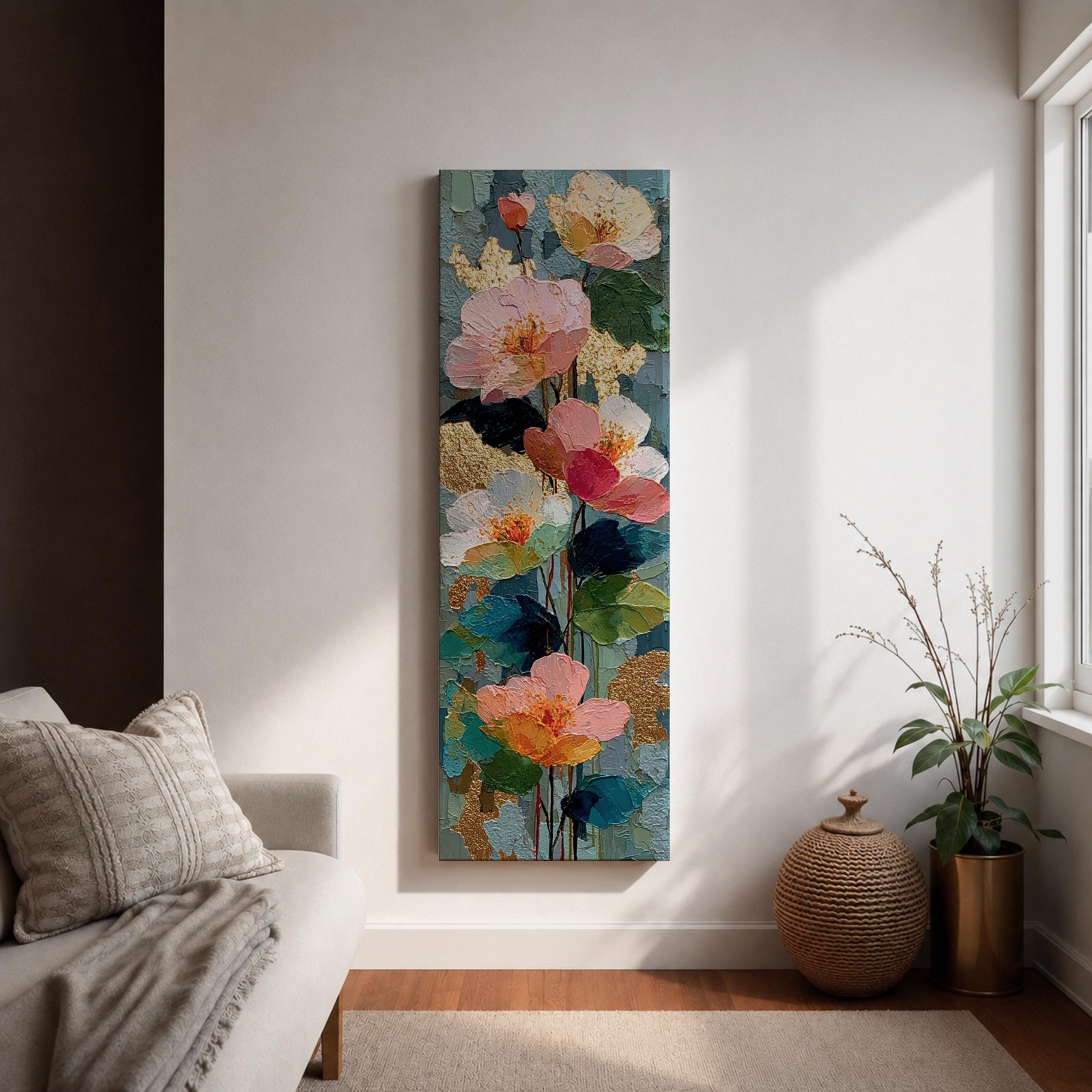 A tall, narrow vertical painting of soft pastel poppy flowers in shades of blush pink, coral, cream, and muted yellow, layered with textured brushstrokes and accented by hints of gold against a cool blue abstract background, with delicate stems and leaves creating a balanced contemporary floral composition.