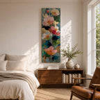 A tall, narrow vertical painting of soft pastel poppy flowers in shades of blush pink, coral, cream, and muted yellow, layered with textured brushstrokes and accented by hints of gold against a cool blue abstract background, with delicate stems and leaves creating a balanced contemporary floral composition.