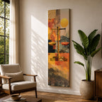 A tall vertical abstract composition features the scales of justice centered in a geometric arrangement, with balanced plates suspended on a slender structure, set against layered shapes of warm gold, amber, and muted earth tones, with textured overlays and subtle landscape elements creating a modern symbolic interpretation of legal balance.
