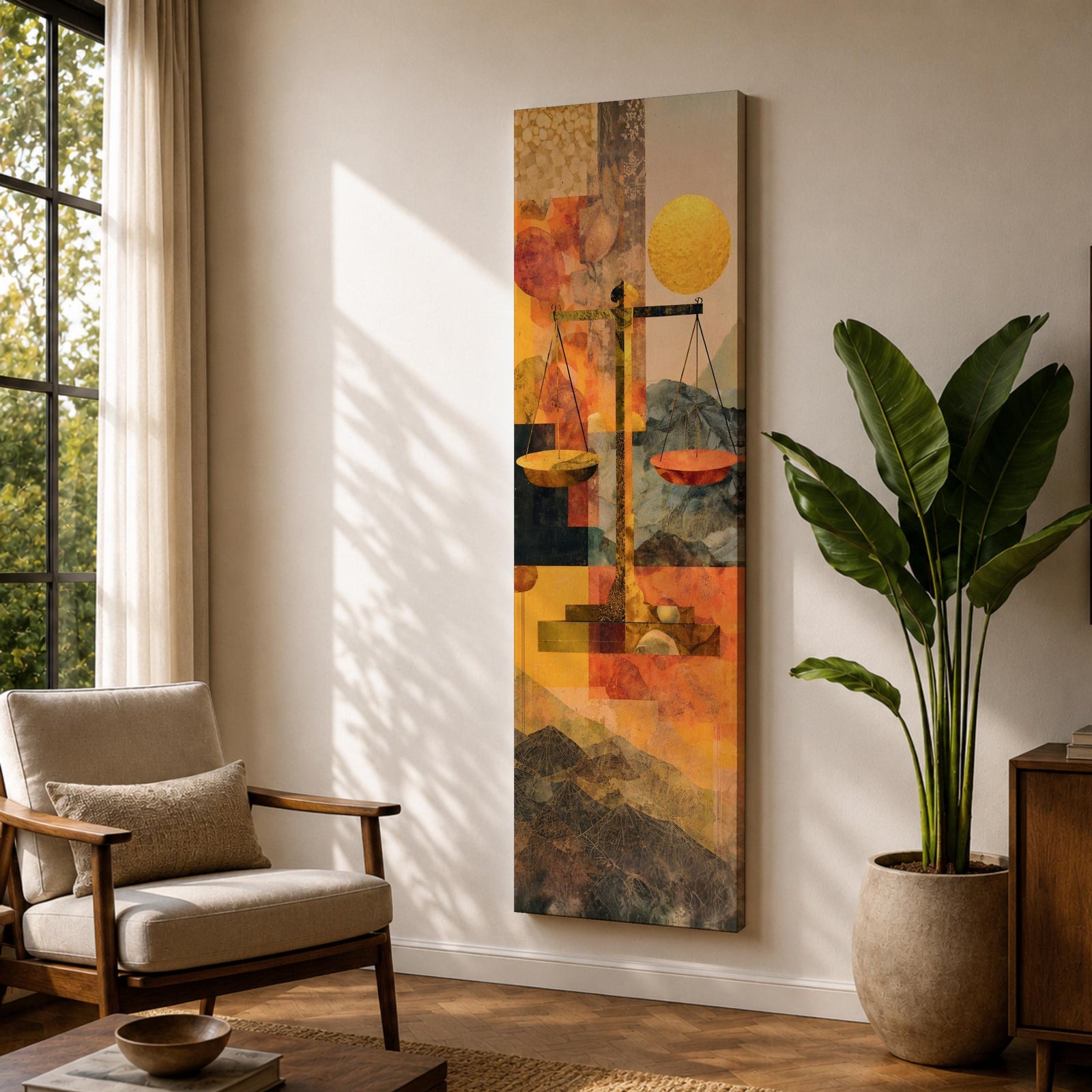 A tall vertical abstract composition features the scales of justice centered in a geometric arrangement, with balanced plates suspended on a slender structure, set against layered shapes of warm gold, amber, and muted earth tones, with textured overlays and subtle landscape elements creating a modern symbolic interpretation of legal balance.