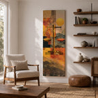 A tall vertical abstract composition features the scales of justice centered in a geometric arrangement, with balanced plates suspended on a slender structure, set against layered shapes of warm gold, amber, and muted earth tones, with textured overlays and subtle landscape elements creating a modern symbolic interpretation of legal balance.