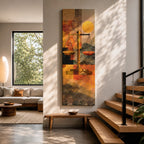 A tall vertical abstract composition features the scales of justice centered in a geometric arrangement, with balanced plates suspended on a slender structure, set against layered shapes of warm gold, amber, and muted earth tones, with textured overlays and subtle landscape elements creating a modern symbolic interpretation of legal balance.