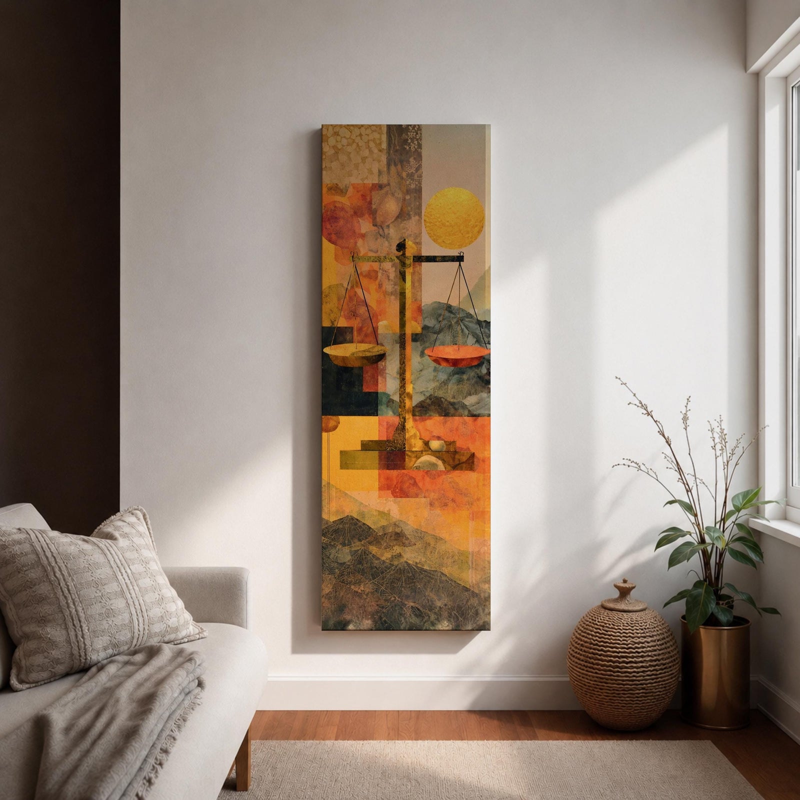 A tall vertical abstract composition features the scales of justice centered in a geometric arrangement, with balanced plates suspended on a slender structure, set against layered shapes of warm gold, amber, and muted earth tones, with textured overlays and subtle landscape elements creating a modern symbolic interpretation of legal balance.