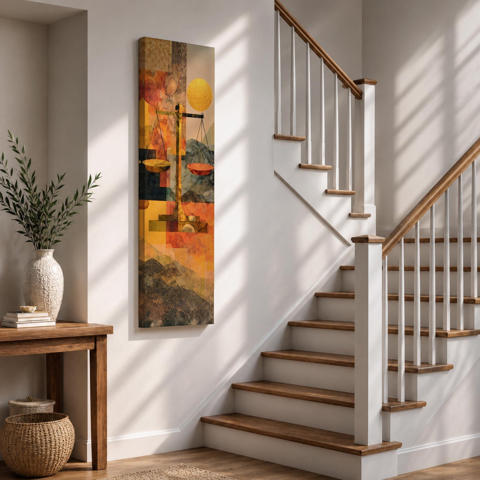 A tall vertical abstract composition features the scales of justice centered in a geometric arrangement, with balanced plates suspended on a slender structure, set against layered shapes of warm gold, amber, and muted earth tones, with textured overlays and subtle landscape elements creating a modern symbolic interpretation of legal balance.