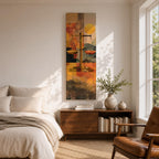 A tall vertical abstract composition features the scales of justice centered in a geometric arrangement, with balanced plates suspended on a slender structure, set against layered shapes of warm gold, amber, and muted earth tones, with textured overlays and subtle landscape elements creating a modern symbolic interpretation of legal balance.