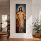 A tall vertical painting depicts Jesus Christ with a serene expression, long flowing hair, and a radiant halo, holding a glowing sacred heart at his chest that emits beams of golden light, rendered in warm tones with soft brushwork and luminous effects that create a spiritual and symbolic religious composition.