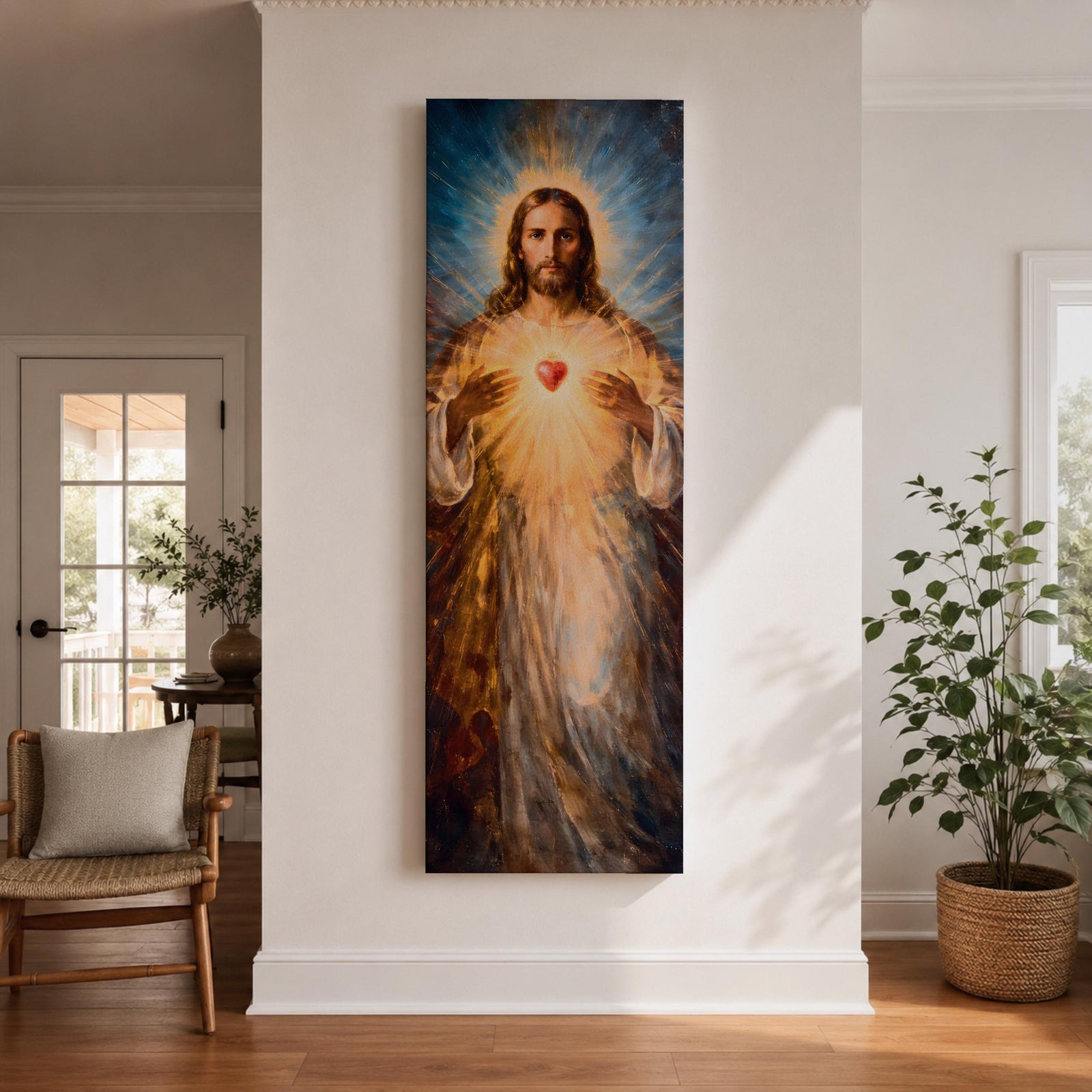 A tall vertical painting depicts Jesus Christ with a serene expression, long flowing hair, and a radiant halo, holding a glowing sacred heart at his chest that emits beams of golden light, rendered in warm tones with soft brushwork and luminous effects that create a spiritual and symbolic religious composition.