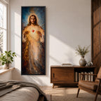 A tall vertical painting depicts Jesus Christ with a serene expression, long flowing hair, and a radiant halo, holding a glowing sacred heart at his chest that emits beams of golden light, rendered in warm tones with soft brushwork and luminous effects that create a spiritual and symbolic religious composition.