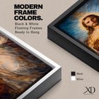A tall vertical painting depicts Jesus Christ with a serene expression, long flowing hair, and a radiant halo, holding a glowing sacred heart at his chest that emits beams of golden light, rendered in warm tones with soft brushwork and luminous effects that create a spiritual and symbolic religious composition.