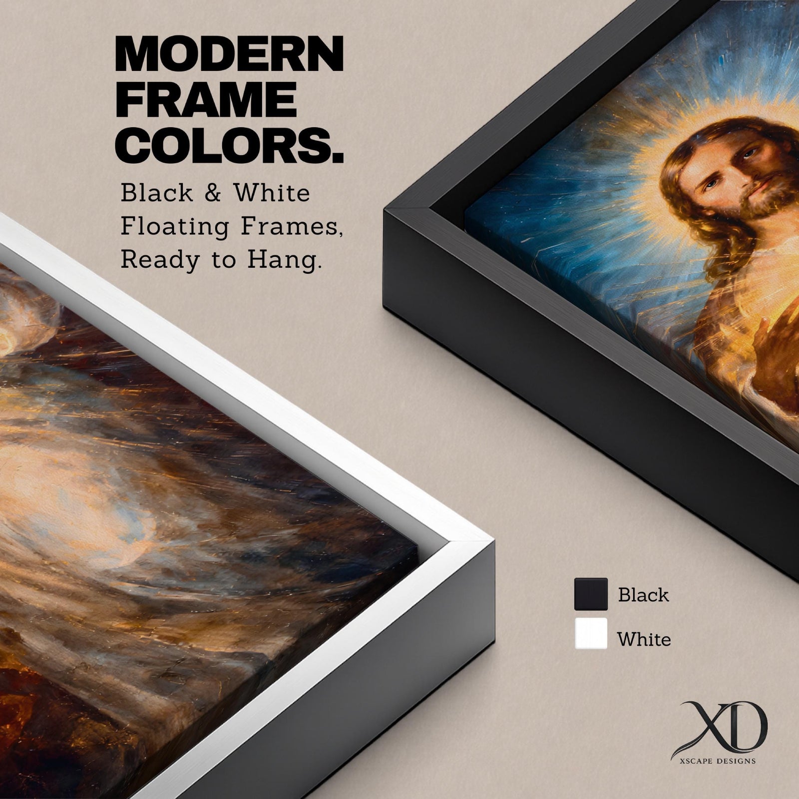 A tall vertical painting depicts Jesus Christ with a serene expression, long flowing hair, and a radiant halo, holding a glowing sacred heart at his chest that emits beams of golden light, rendered in warm tones with soft brushwork and luminous effects that create a spiritual and symbolic religious composition.