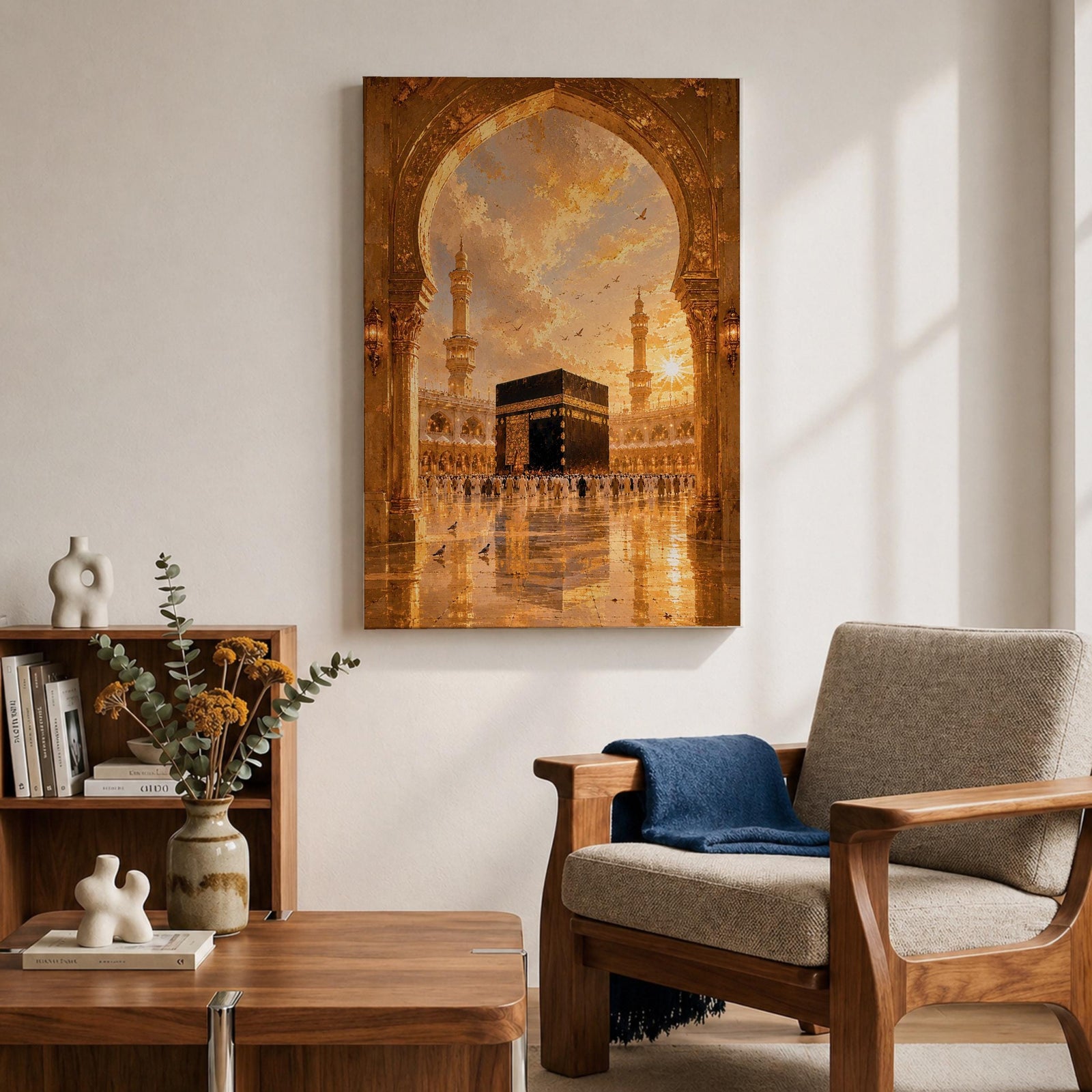 A detailed artwork depicting the Kaaba in Mecca framed by an ornate archway, showing pilgrims circling the black cube structure with minarets and a dramatic sky in the background, rendered in a realistic style capturing architectural and cultural elements.