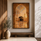 A detailed artwork depicting the Kaaba in Mecca framed by an ornate archway, showing pilgrims circling the black cube structure with minarets and a dramatic sky in the background, rendered in a realistic style capturing architectural and cultural elements.