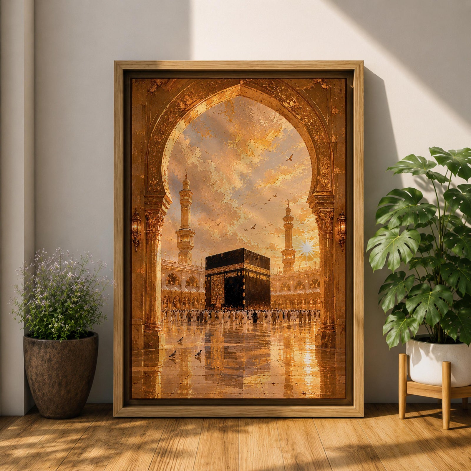 A detailed artwork depicting the Kaaba in Mecca framed by an ornate archway, showing pilgrims circling the black cube structure with minarets and a dramatic sky in the background, rendered in a realistic style capturing architectural and cultural elements.