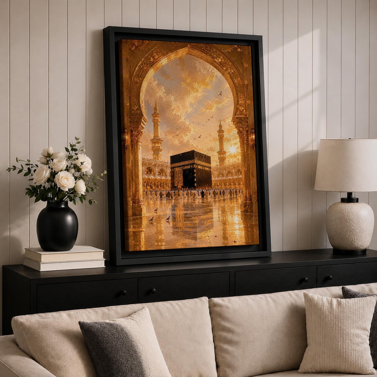A detailed artwork depicting the Kaaba in Mecca framed by an ornate archway, showing pilgrims circling the black cube structure with minarets and a dramatic sky in the background, rendered in a realistic style capturing architectural and cultural elements.