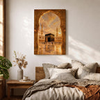 A detailed artwork depicting the Kaaba in Mecca framed by an ornate archway, showing pilgrims circling the black cube structure with minarets and a dramatic sky in the background, rendered in a realistic style capturing architectural and cultural elements.