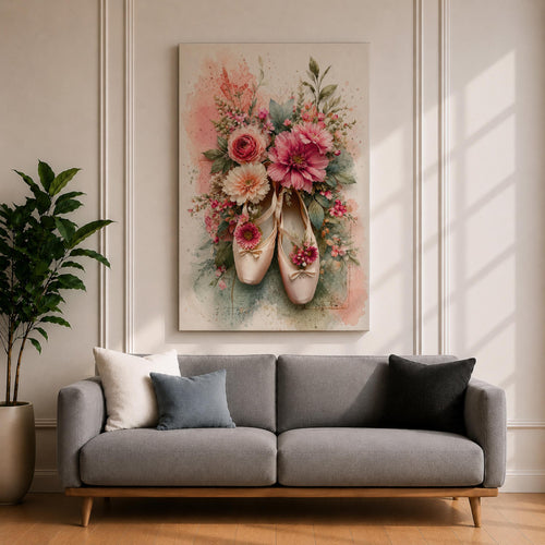 A watercolor style floral artwork featuring a pair of ballet pointe shoes adorned with vibrant pink, peach, and cream flowers and green leaves. The composition blends delicate botanical elements with the soft texture of the ballet shoes, creating a harmonious and elegant floral-themed piece.