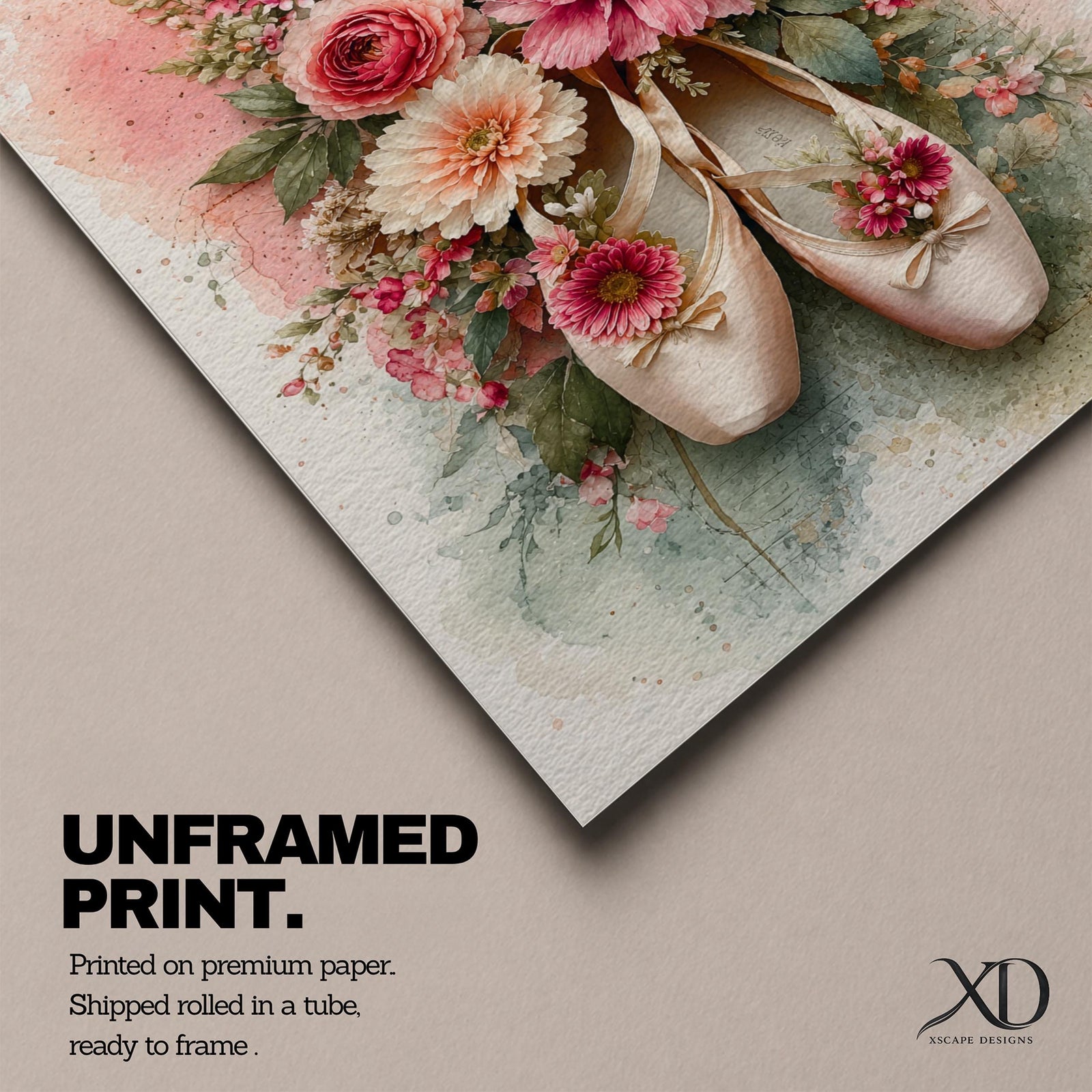 A watercolor style floral artwork featuring a pair of ballet pointe shoes adorned with vibrant pink, peach, and cream flowers and green leaves. The composition blends delicate botanical elements with the soft texture of the ballet shoes, creating a harmonious and elegant floral-themed piece.