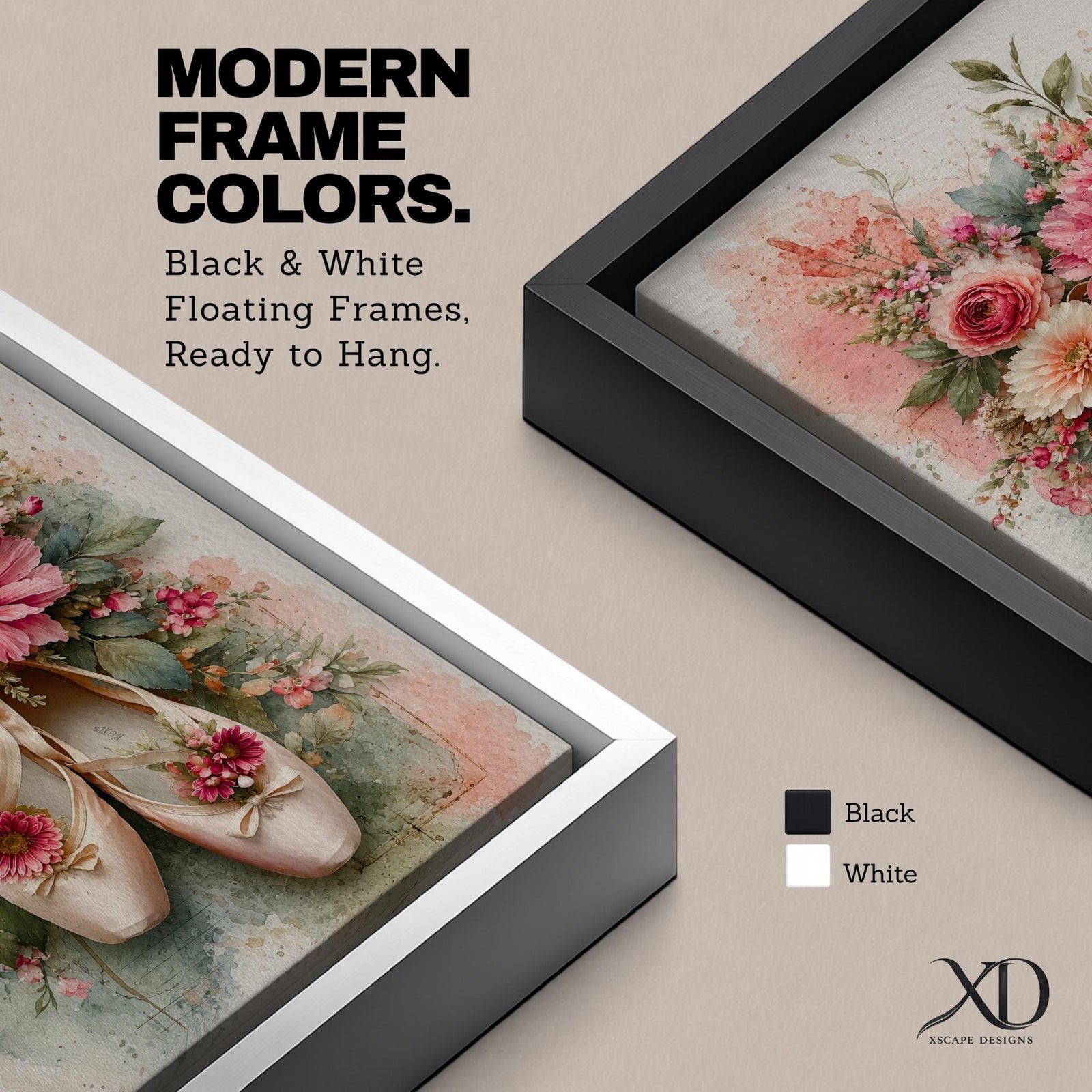 A watercolor style floral artwork featuring a pair of ballet pointe shoes adorned with vibrant pink, peach, and cream flowers and green leaves. The composition blends delicate botanical elements with the soft texture of the ballet shoes, creating a harmonious and elegant floral-themed piece.