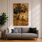 An impasto style painting depicting Jesus praying seated beneath a tree on a hill. The textured brushstrokes create a warm, abstract background with golden and earthy tones, emphasizing the contemplative figure in white robes, capturing a moment of quiet meditation and reflection.