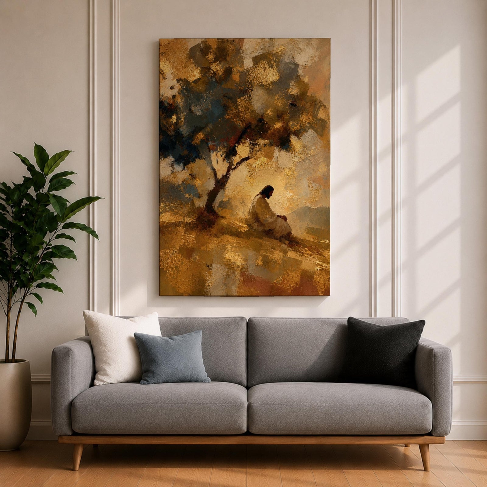 An impasto style painting depicting Jesus praying seated beneath a tree on a hill. The textured brushstrokes create a warm, abstract background with golden and earthy tones, emphasizing the contemplative figure in white robes, capturing a moment of quiet meditation and reflection.