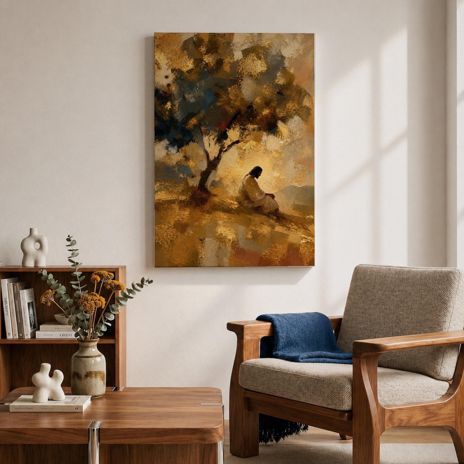 An impasto style painting depicting Jesus praying seated beneath a tree on a hill. The textured brushstrokes create a warm, abstract background with golden and earthy tones, emphasizing the contemplative figure in white robes, capturing a moment of quiet meditation and reflection.