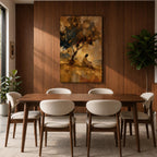 An impasto style painting depicting Jesus praying seated beneath a tree on a hill. The textured brushstrokes create a warm, abstract background with golden and earthy tones, emphasizing the contemplative figure in white robes, capturing a moment of quiet meditation and reflection.