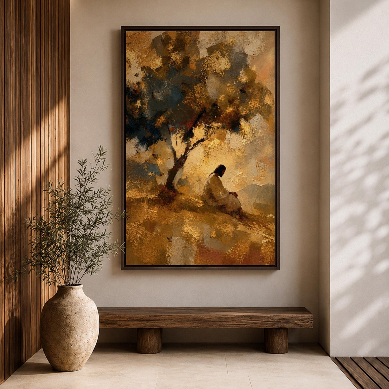 An impasto style painting depicting Jesus praying seated beneath a tree on a hill. The textured brushstrokes create a warm, abstract background with golden and earthy tones, emphasizing the contemplative figure in white robes, capturing a moment of quiet meditation and reflection.
