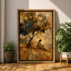 An impasto style painting depicting Jesus praying seated beneath a tree on a hill. The textured brushstrokes create a warm, abstract background with golden and earthy tones, emphasizing the contemplative figure in white robes, capturing a moment of quiet meditation and reflection.