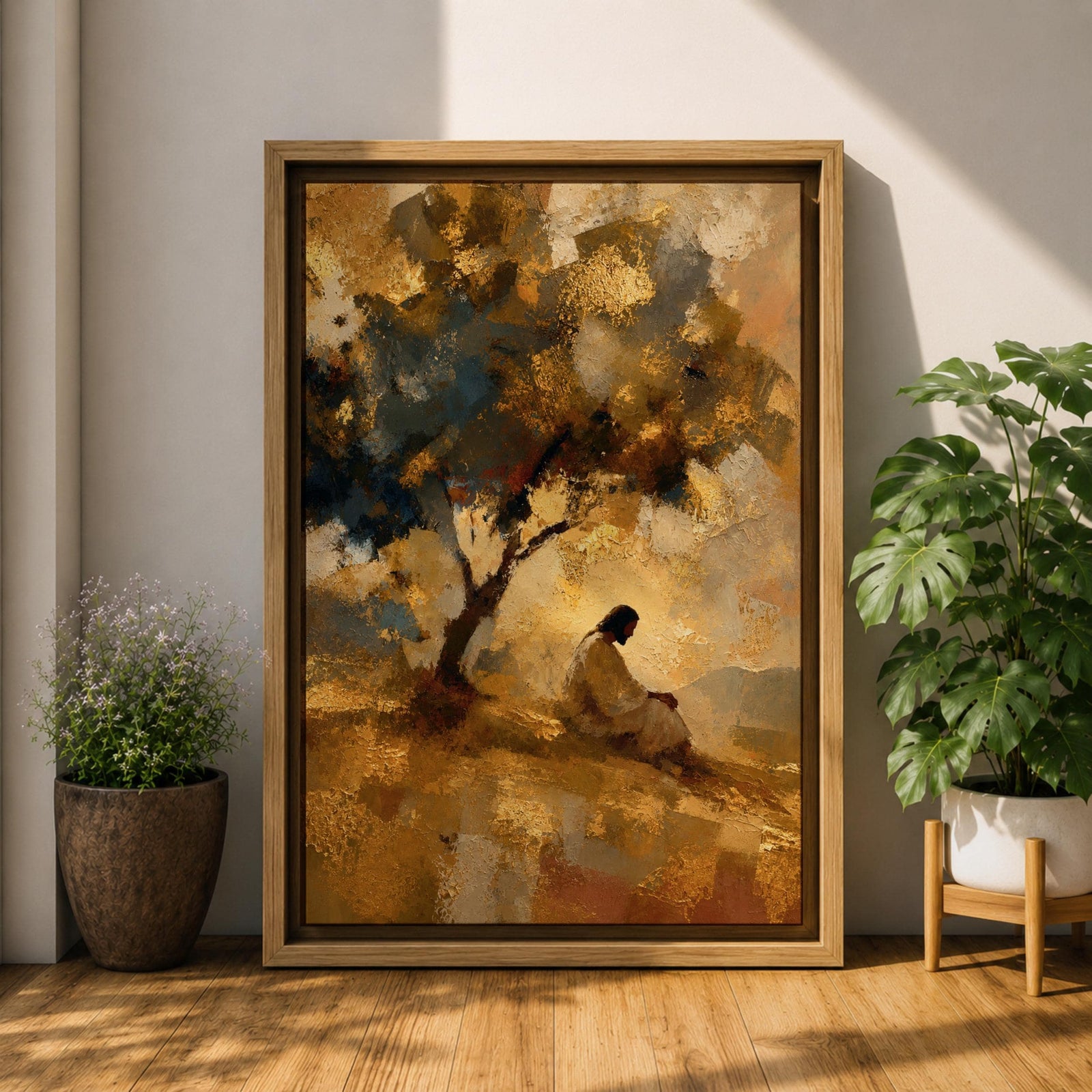 An impasto style painting depicting Jesus praying seated beneath a tree on a hill. The textured brushstrokes create a warm, abstract background with golden and earthy tones, emphasizing the contemplative figure in white robes, capturing a moment of quiet meditation and reflection.