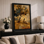 An impasto style painting depicting Jesus praying seated beneath a tree on a hill. The textured brushstrokes create a warm, abstract background with golden and earthy tones, emphasizing the contemplative figure in white robes, capturing a moment of quiet meditation and reflection.