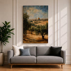 A vintage-style canvas print depicting the Dome of the Rock, also known as Qubbat al-Sakhrah, an iconic Islamic landmark in Jerusalem. The artwork shows the golden dome surrounded by olive trees and historic architecture under a partly cloudy sky, rendered with textured, aged effects for a classic look.