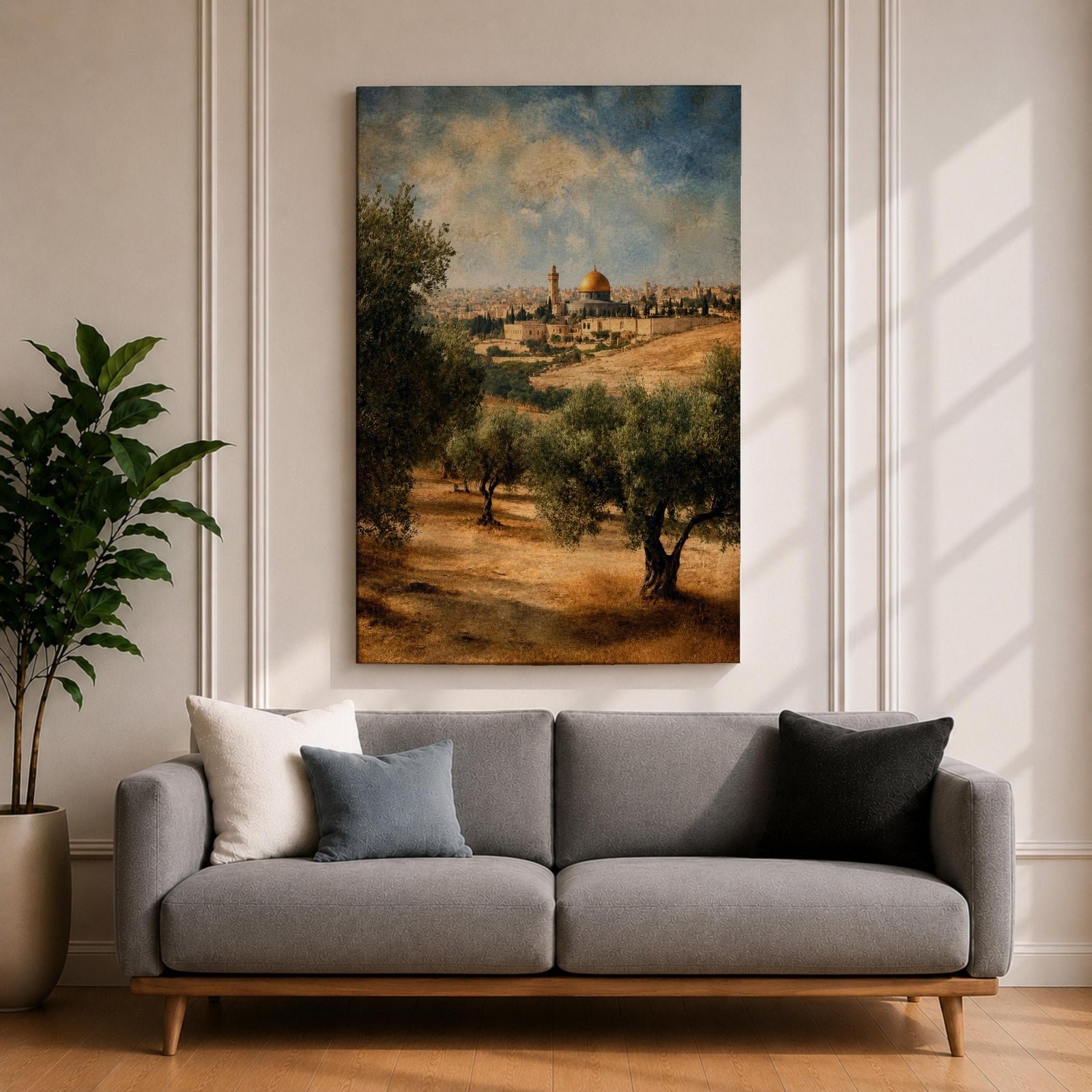 A vintage-style canvas print depicting the Dome of the Rock, also known as Qubbat al-Sakhrah, an iconic Islamic landmark in Jerusalem. The artwork shows the golden dome surrounded by olive trees and historic architecture under a partly cloudy sky, rendered with textured, aged effects for a classic look.