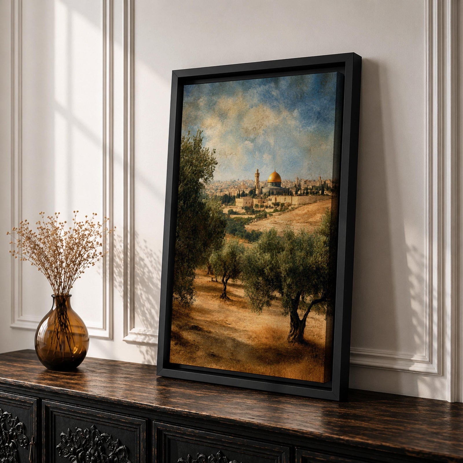 A vintage-style canvas print depicting the Dome of the Rock, also known as Qubbat al-Sakhrah, an iconic Islamic landmark in Jerusalem. The artwork shows the golden dome surrounded by olive trees and historic architecture under a partly cloudy sky, rendered with textured, aged effects for a classic look.