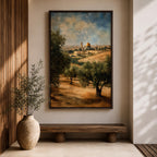 A vintage-style canvas print depicting the Dome of the Rock, also known as Qubbat al-Sakhrah, an iconic Islamic landmark in Jerusalem. The artwork shows the golden dome surrounded by olive trees and historic architecture under a partly cloudy sky, rendered with textured, aged effects for a classic look.