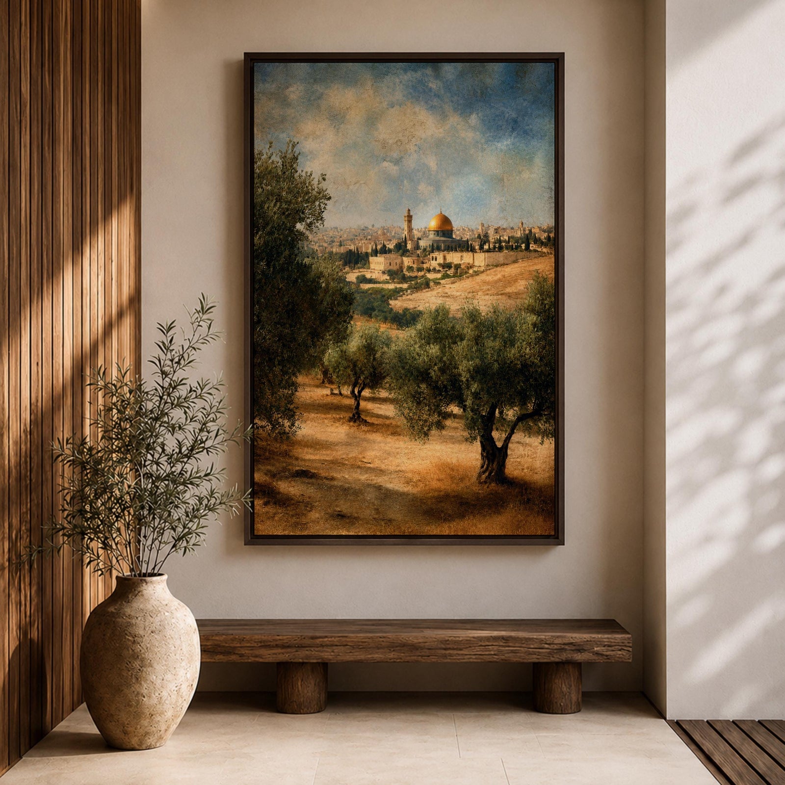 A vintage-style canvas print depicting the Dome of the Rock, also known as Qubbat al-Sakhrah, an iconic Islamic landmark in Jerusalem. The artwork shows the golden dome surrounded by olive trees and historic architecture under a partly cloudy sky, rendered with textured, aged effects for a classic look.